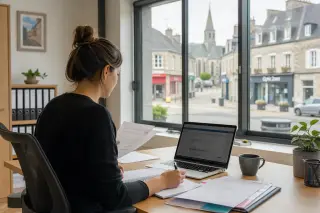 Une personne seule travaille sur des papiers et un ordinateur portable dans un bureau lumineux avec vue sur une petite rue de ville paisible, ambiance studieuse et organisée.