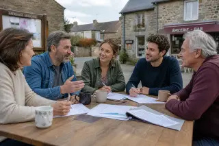 Réunion conviviale de bénévoles adultes discutant autour d'une table en bois sur une place de village rural, avec des maisons en pierre et un panneau d'affichage en arrière-plan.