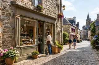 Historic stone boutique with elegant storefront on a charming cobblestone street in Quintin, Brittany, with people strolling and old houses in the background under daylight.