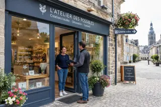 Entrepreneur standing in front of a renovated shop in a Breton town center, speaking with an advisor, symbolizing local business support.
