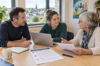 Trois personnes discutent autour d'une table lors d'une réunion dans une salle d'association, avec des documents et un ordinateur portable sur la table, ambiance professionnelle et conviviale.