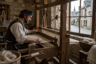 Tisserand breton travaillant le lin sur un métier en bois dans un ancien atelier de Quintin.