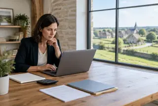 Entrepreneuse travaillant dans un bureau rural avec un village et des champs visibles par la fenêtre